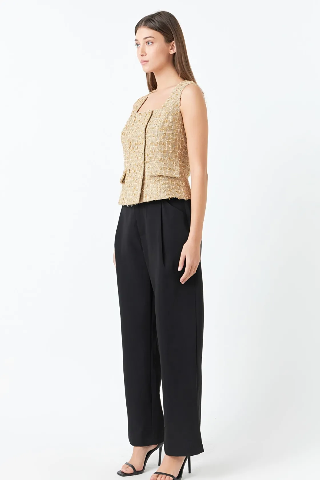 endless_rose__gold_tweed__1.webp ENDLESS ROSE Tops*- Tweed Double Button Top GOLD