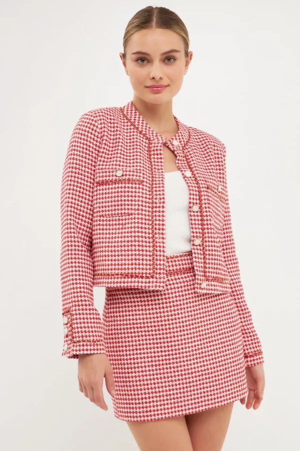 ENDLESS ROSE Blazers | Tops*- Gold Tweed Speckled Mini Tweed Check Blazer RED