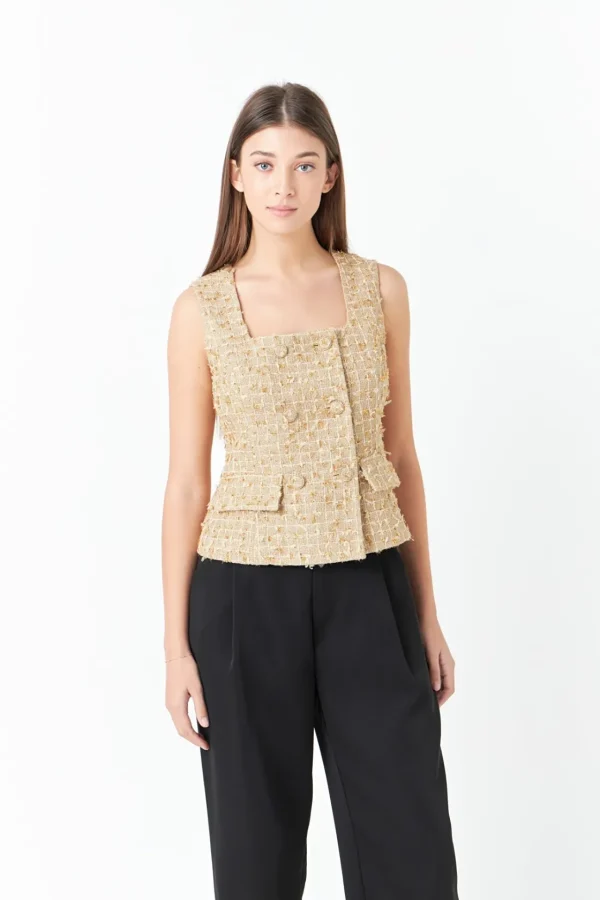 ENDLESS ROSE Tops*- Tweed Double Button Top GOLD