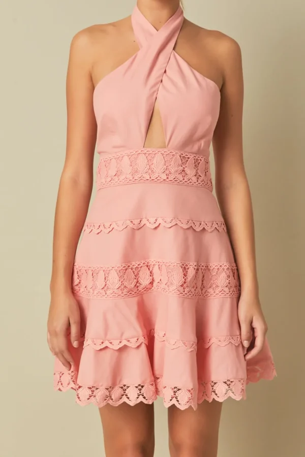 ENDLESS ROSE Lace Dresses | White Dresses*- Halter Neck Lace Trim Dress