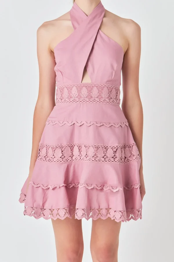 ENDLESS ROSE Lace Dresses | White Dresses*- Halter Neck Lace Trim Dress