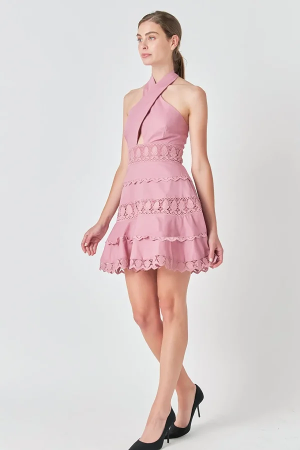 ENDLESS ROSE Lace Dresses | White Dresses*- Halter Neck Lace Trim Dress