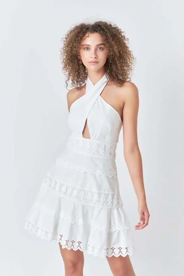 ENDLESS ROSE Lace Dresses | White Dresses*- Halter Neck Lace Trim Dress
