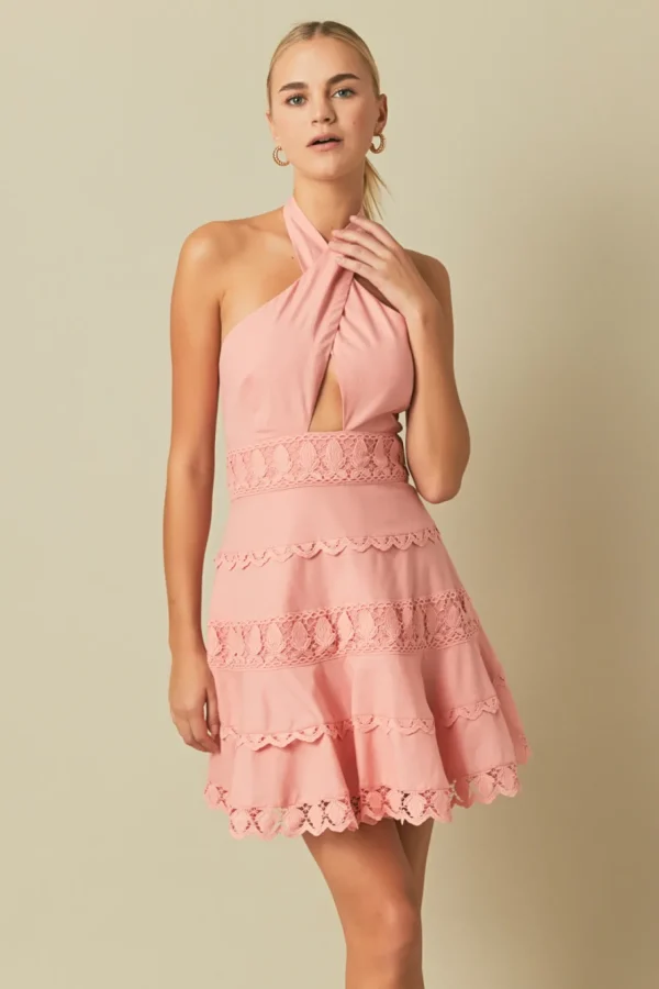 ENDLESS ROSE Lace Dresses | White Dresses*- Halter Neck Lace Trim Dress