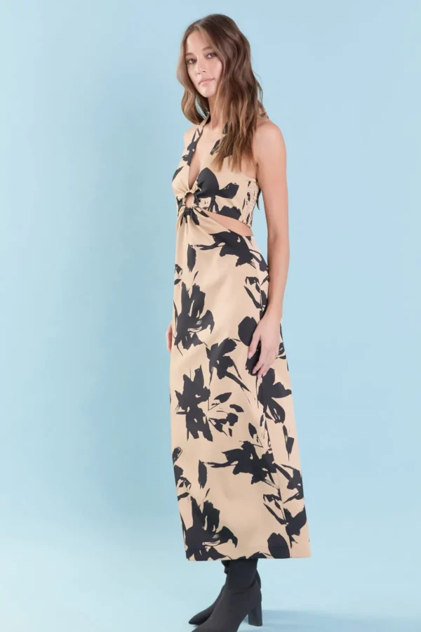 ENDLESS ROSE Print Takeaway | Floral Dresses*- Halter Ring Printed Maxi Dress NUDE/BLACK
