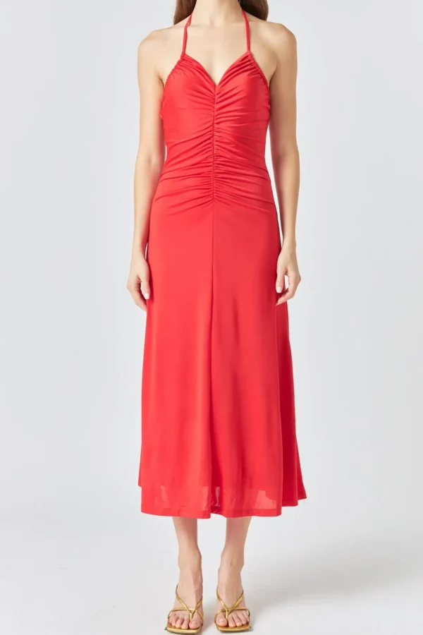 ENDLESS ROSE Tops*- Halter Ruched Maxi Dress ROUGE