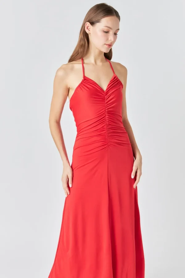 ENDLESS ROSE Tops*- Halter Ruched Maxi Dress ROUGE