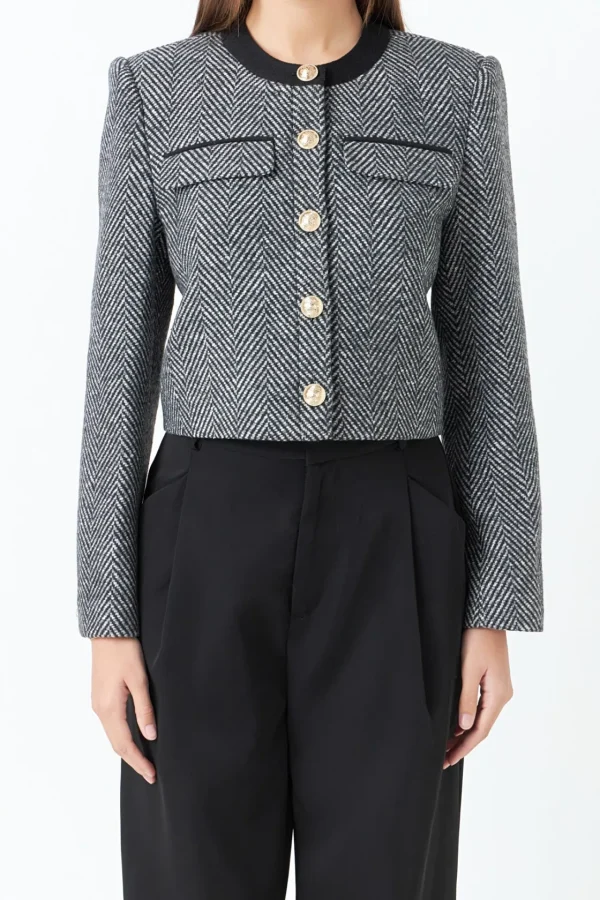 ENDLESS ROSE Tops | Blazers*- Herringbone Contrast Blazer BLACK/WHITE