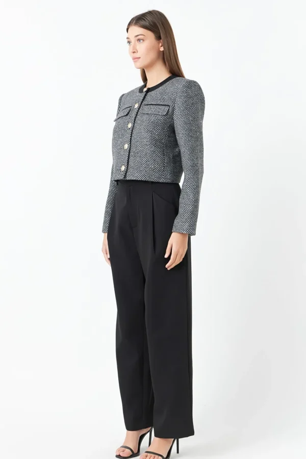 ENDLESS ROSE Tops | Blazers*- Herringbone Contrast Blazer BLACK/WHITE