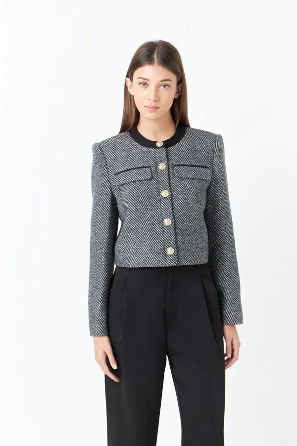 ENDLESS ROSE Tops | Blazers*- Herringbone Contrast Blazer BLACK/WHITE