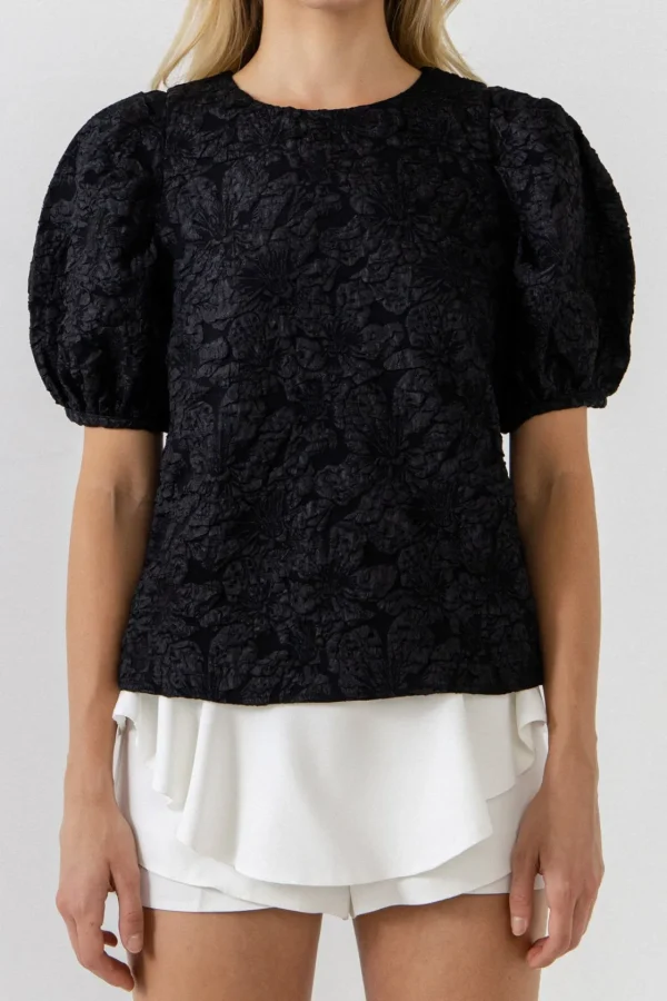 ENDLESS ROSE Shirts & Blouses*- Jacquard Puff Sleeve Top BLACK