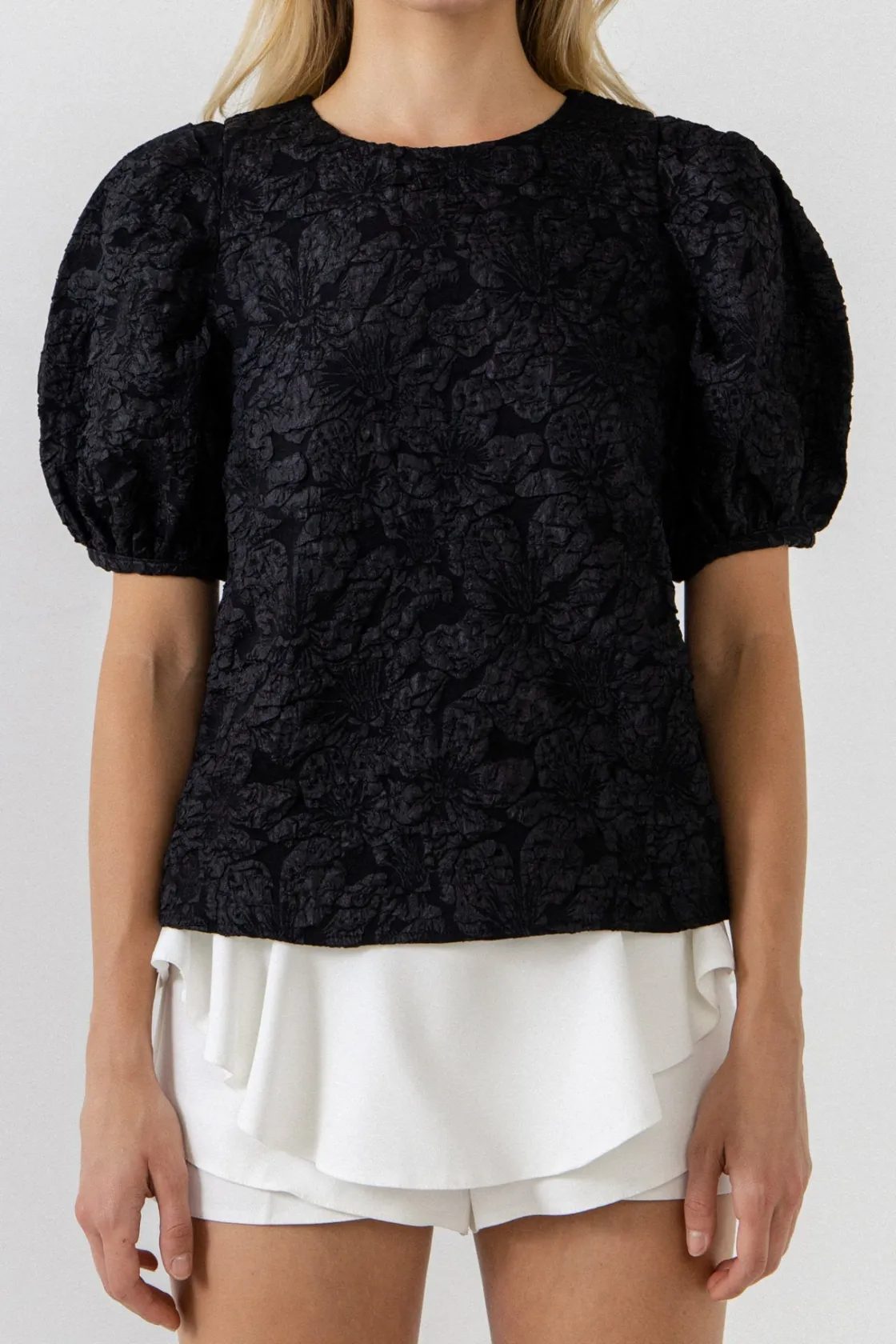endless_rose__jacquard_pu_0.webp ENDLESS ROSE Shirts & Blouses*- Jacquard Puff Sleeve Top BLACK