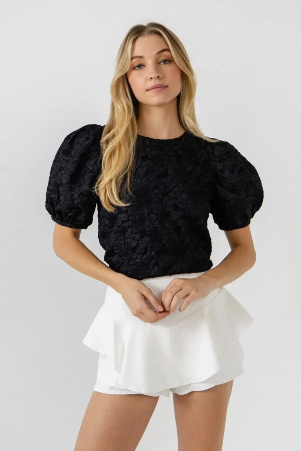 ENDLESS ROSE Shirts & Blouses*- Jacquard Puff Sleeve Top BLACK