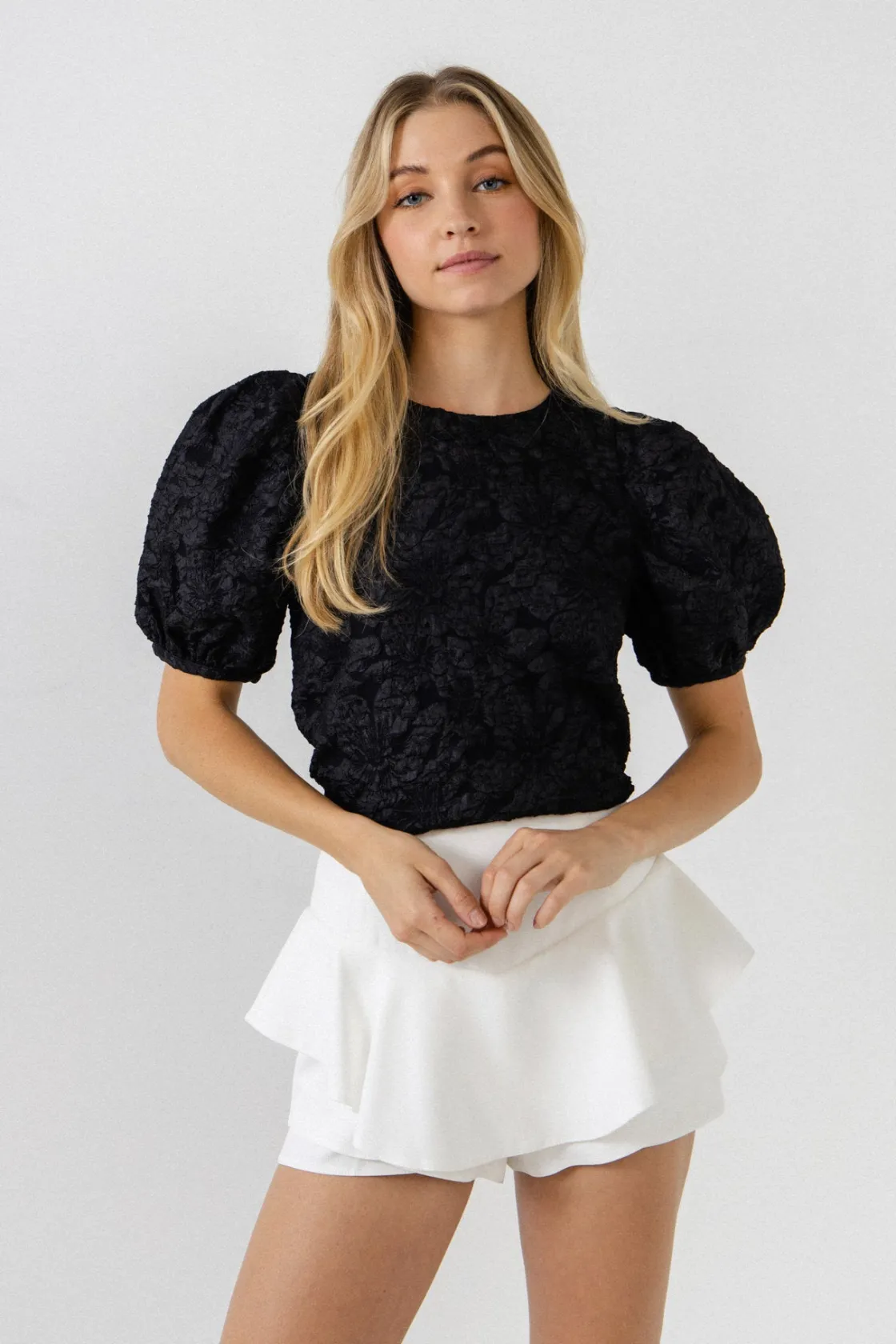 endless_rose__jacquard_pu_3.webp ENDLESS ROSE Shirts & Blouses*- Jacquard Puff Sleeve Top BLACK