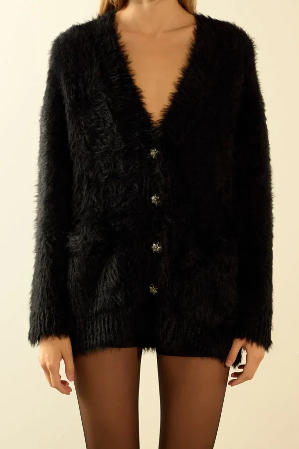 ENDLESS ROSE Sweaters & Knits | Tops*- Jewel Button Oversize Cardigan JETBLACK
