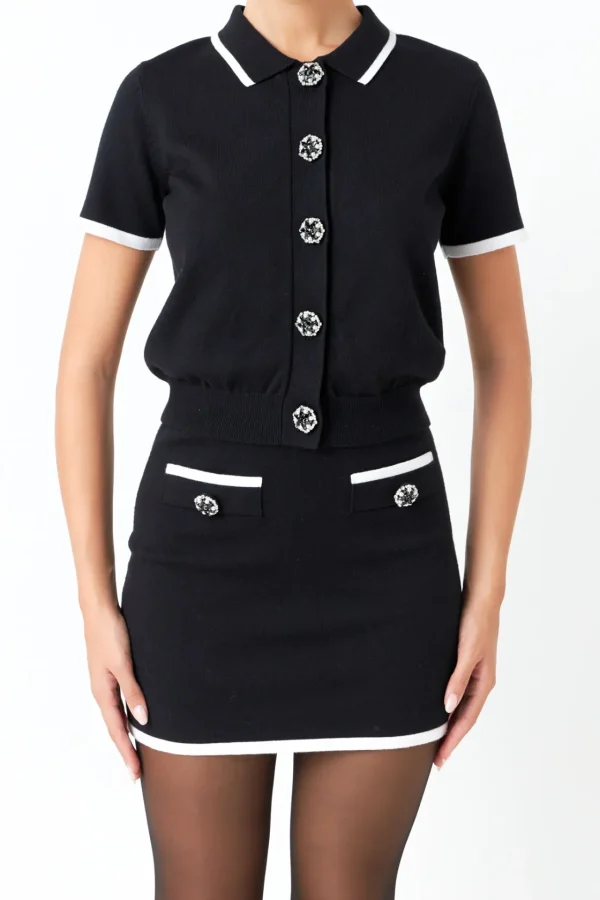 ENDLESS ROSE Sweaters & Knits | Matching Sets*- Jewel Button Knit Collared Top BLACK/WHITE
