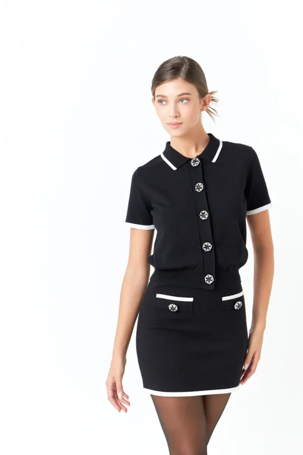 ENDLESS ROSE Sweaters & Knits | Matching Sets*- Jewel Button Knit Collared Top BLACK/WHITE