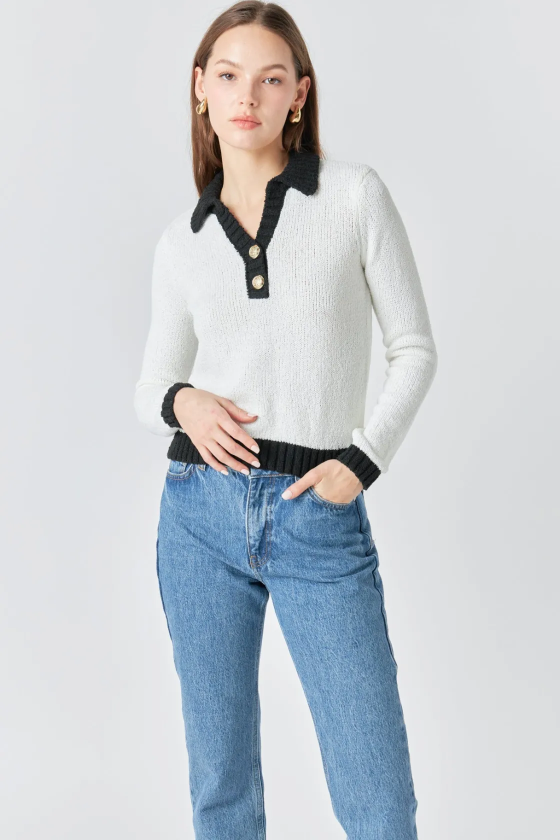 endless_rose__knit_collar_3.webp ENDLESS ROSE Sweaters & Knits | Tops*- Knit Collared Contrast Sweater IVORY/BLACK