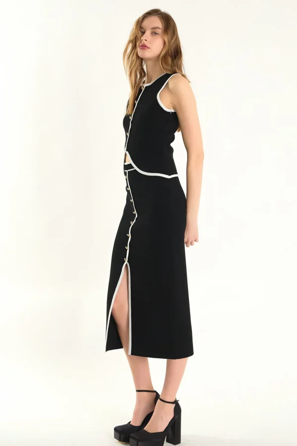 ENDLESS ROSE Matching Sets | Skirts*- Knit Contrast Maxi Skirt BLACK/IVORY