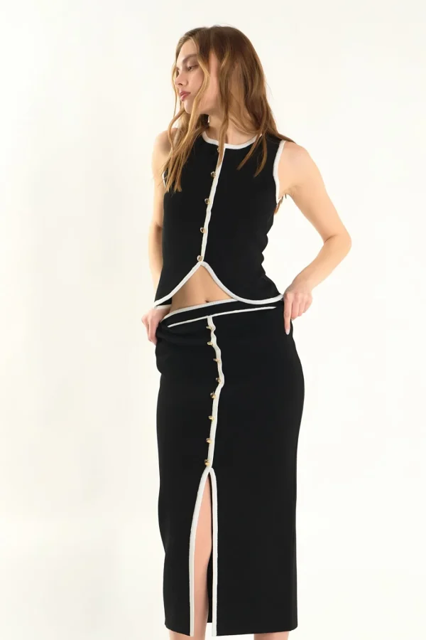 ENDLESS ROSE Matching Sets | Skirts*- Knit Contrast Maxi Skirt BLACK/IVORY