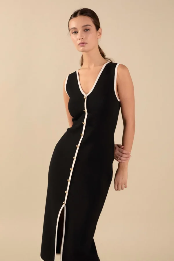ENDLESS ROSE Tops*- Knit Contrast Midi Dress BLACK/IVORY