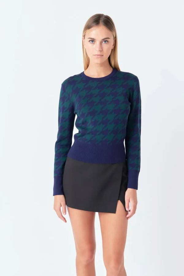 ENDLESS ROSE Tops*- Knit Houndstooth Sweater