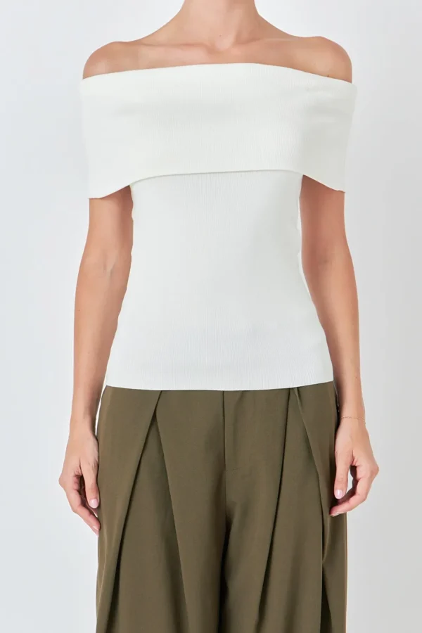 ENDLESS ROSE Tops*- Knit Off Shoulder Top IVORY