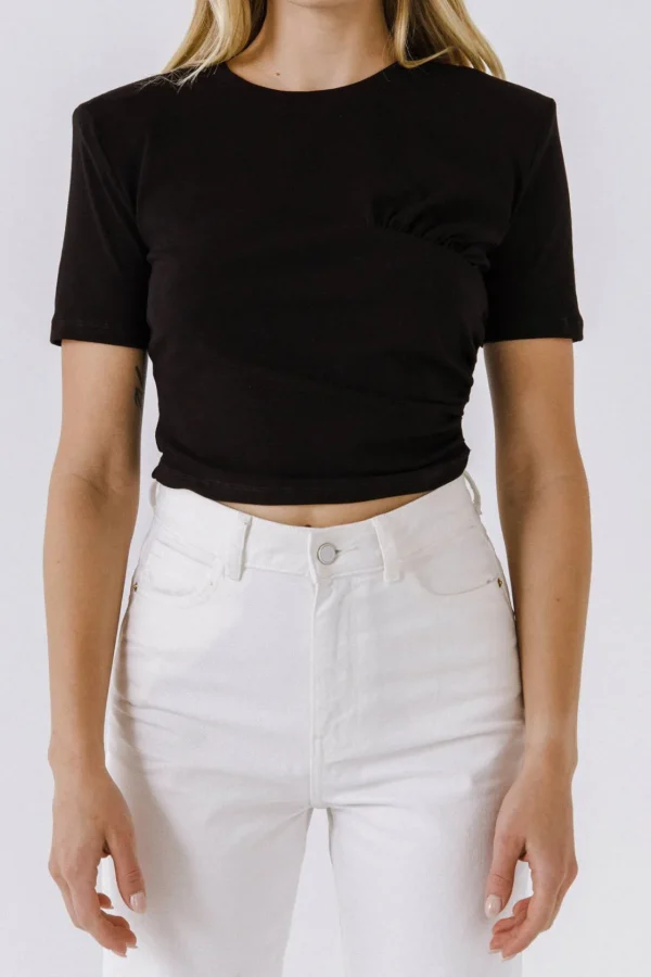 ENDLESS ROSE Tops*- Knit Shirt with Shirring Detail BLACK