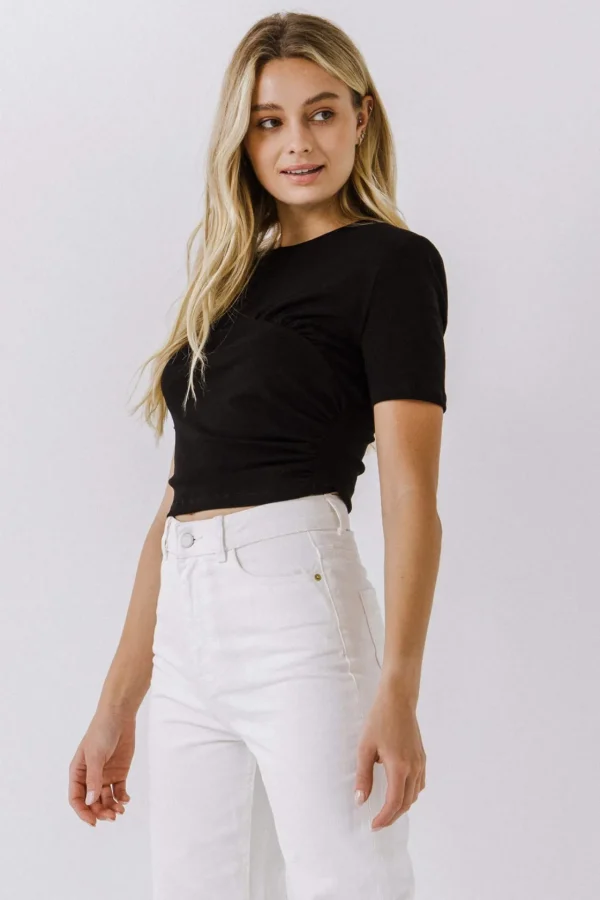 ENDLESS ROSE Tops*- Knit Shirt with Shirring Detail BLACK