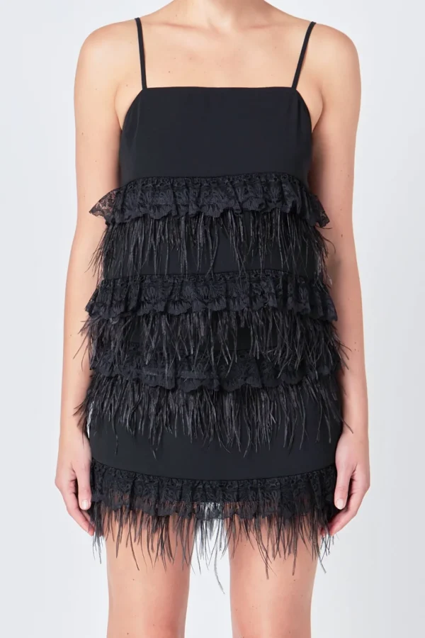 ENDLESS ROSE Matching Sets | Tops*- Lace & Feather Trim Tank Top BLACK