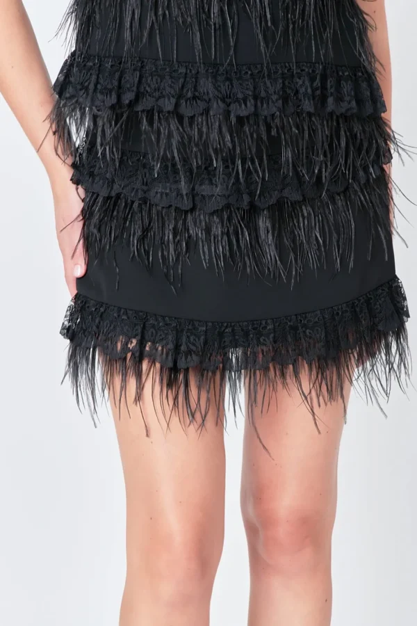 ENDLESS ROSE Skirts | Tops*- Lace & Feather Trim Mini Skirt BLACK