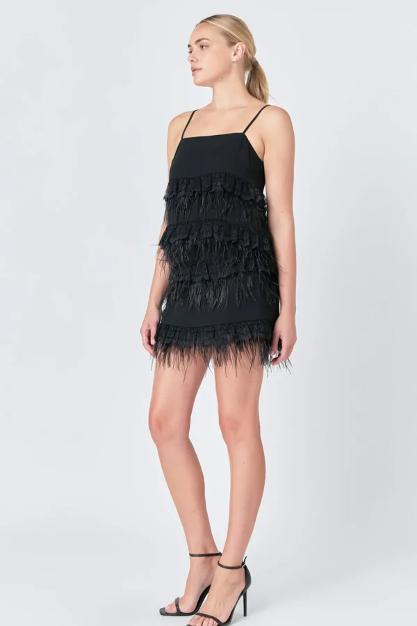 ENDLESS ROSE Matching Sets | Tops*- Lace & Feather Trim Tank Top BLACK