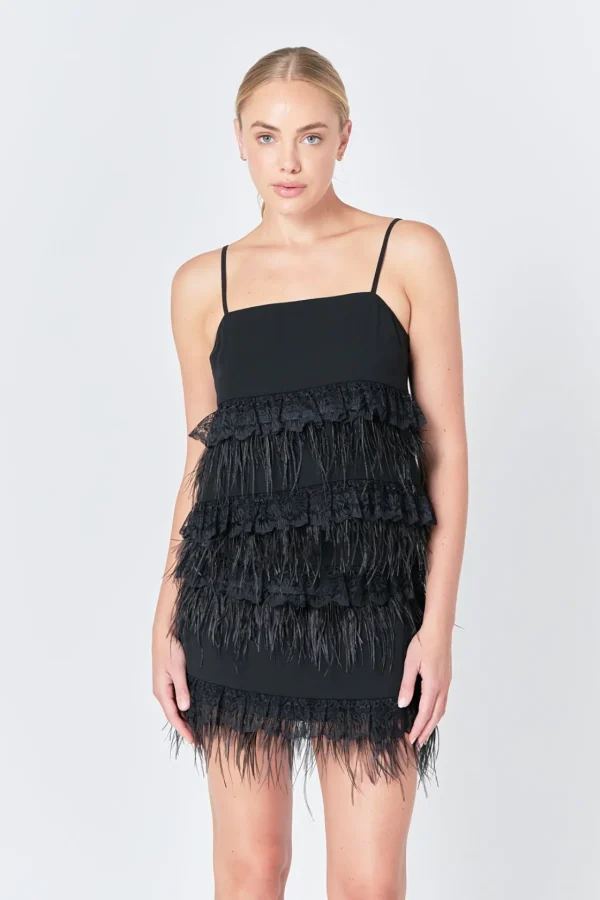 ENDLESS ROSE Matching Sets | Tops*- Lace & Feather Trim Tank Top BLACK