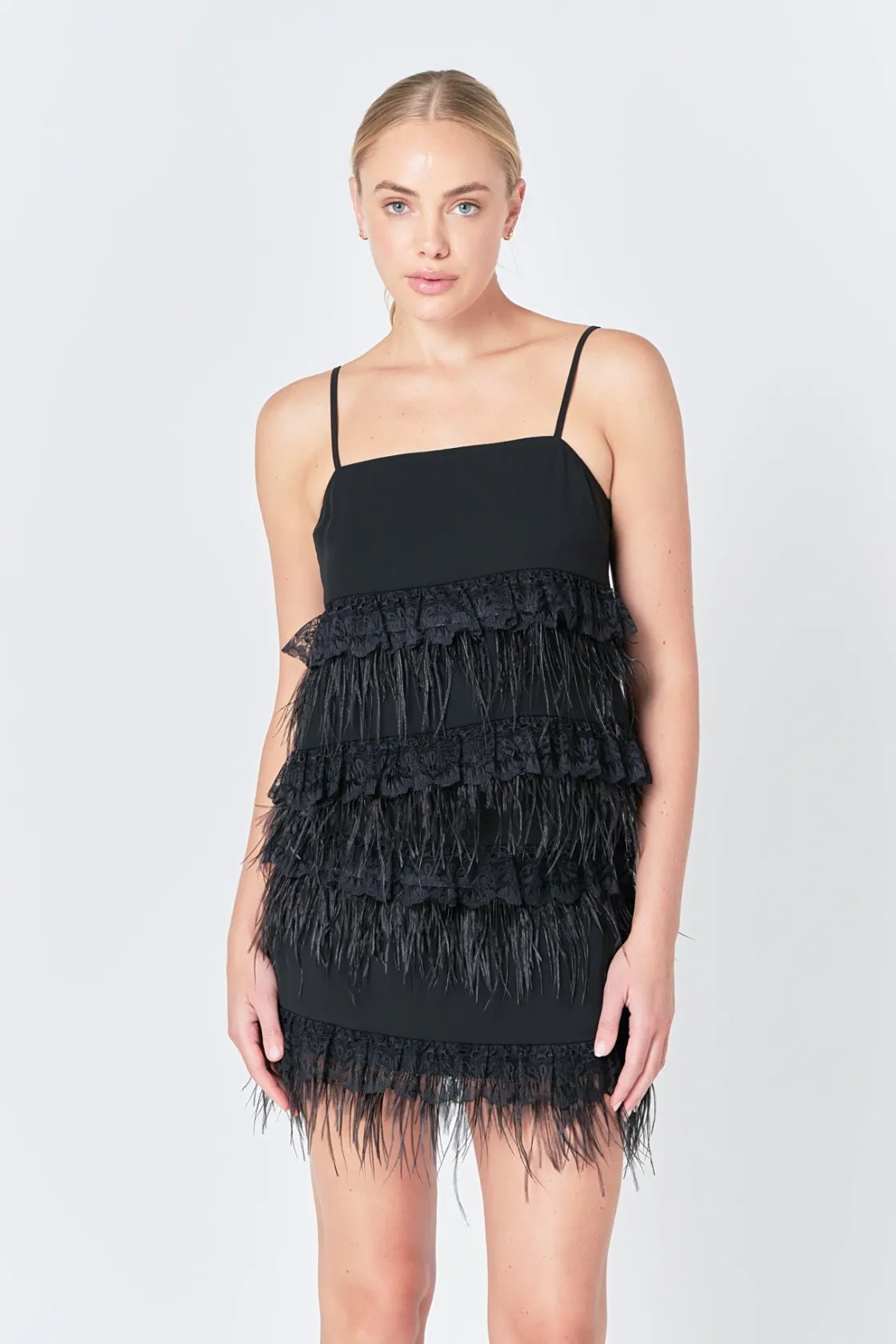endless_rose__lace_amp_fe_3-1.webp ENDLESS ROSE Matching Sets | Tops*- Lace & Feather Trim Tank Top BLACK