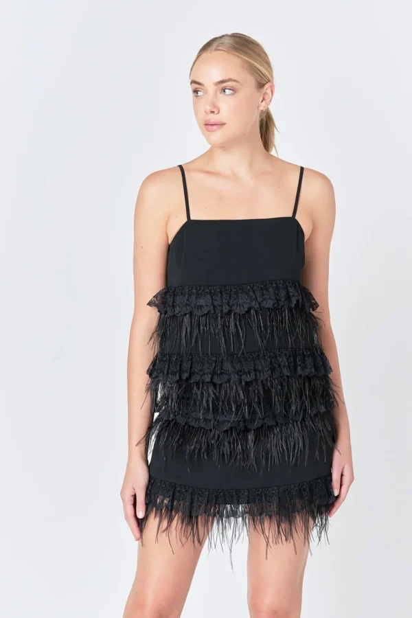 ENDLESS ROSE Skirts | Tops*- Lace & Feather Trim Mini Skirt BLACK