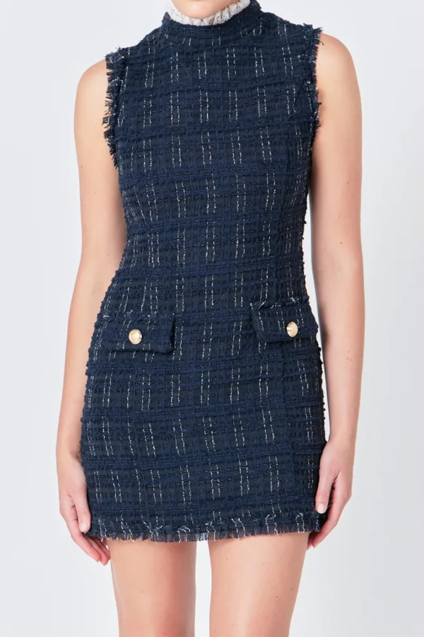 ENDLESS ROSE Lace Dresses | Tweed Dresses*- Lace Detail Tweed Mini Dress NAVY