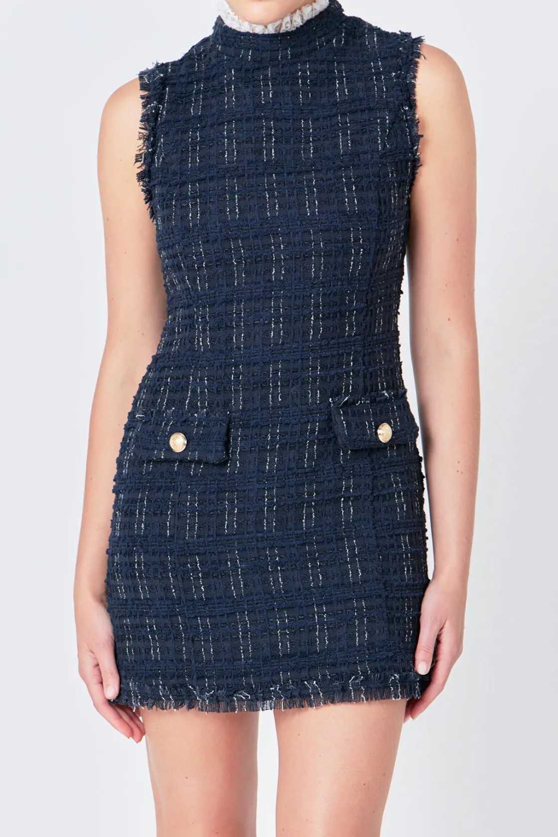 endless_rose__lace_detail_0-1.webp ENDLESS ROSE Lace Dresses | Tweed Dresses*- Lace Detail Tweed Mini Dress NAVY