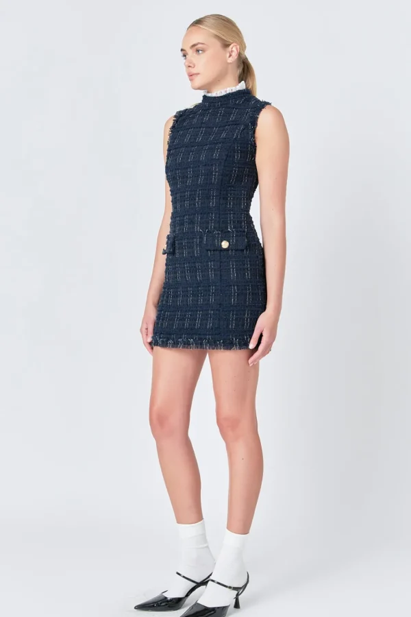 ENDLESS ROSE Lace Dresses | Tweed Dresses*- Lace Detail Tweed Mini Dress NAVY