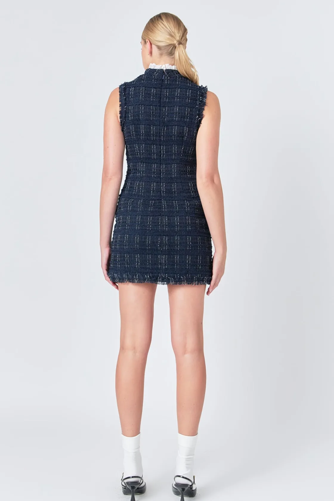 endless_rose__lace_detail_2-1.webp ENDLESS ROSE Lace Dresses | Tweed Dresses*- Lace Detail Tweed Mini Dress NAVY
