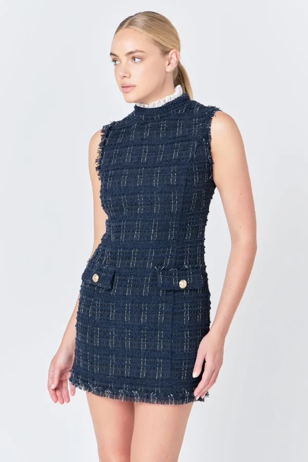 ENDLESS ROSE Lace Dresses | Tweed Dresses*- Lace Detail Tweed Mini Dress NAVY