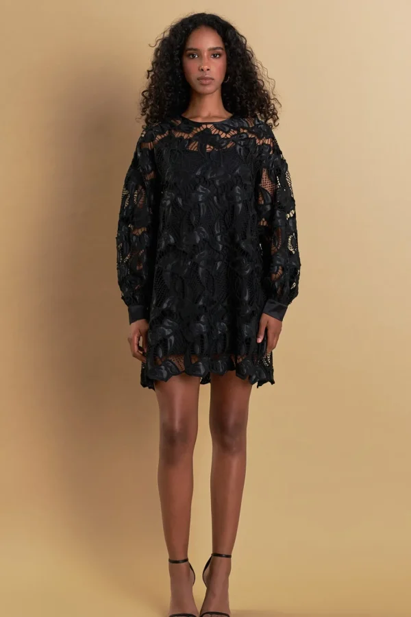 ENDLESS ROSE Lace Dresses | Tops*- Lace Long Sleeve Mini Dress BLACK