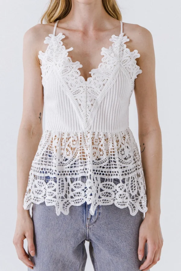ENDLESS ROSE Tops*- Lace Peplum Cross Back Top WHITE