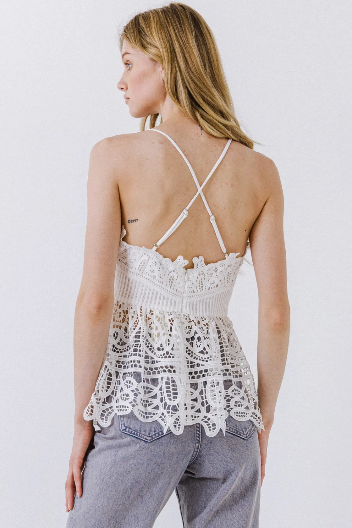 endless_rose__lace_peplum_2-1.webp ENDLESS ROSE Tops*- Lace Peplum Cross Back Top WHITE