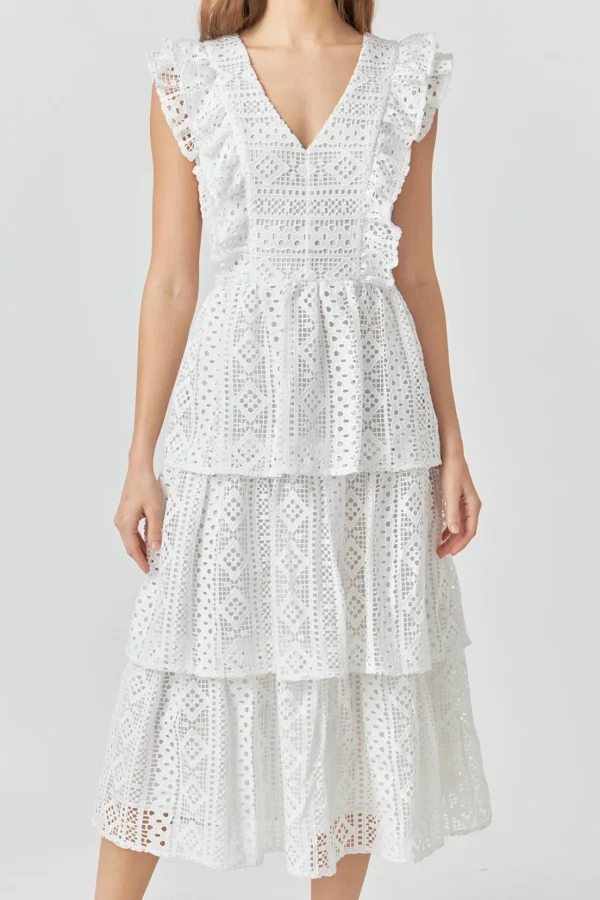 ENDLESS ROSE Lace Dresses | White Dresses*- Lace Tiered Midi Dress WHITE