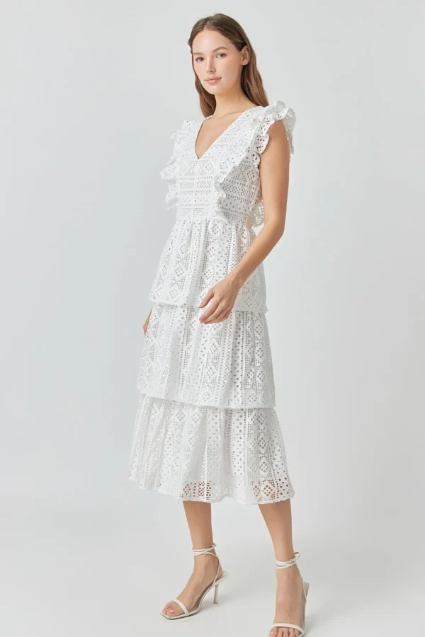 ENDLESS ROSE Lace Dresses | White Dresses*- Lace Tiered Midi Dress WHITE