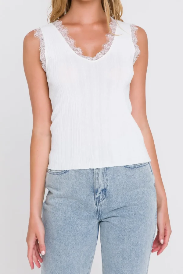 ENDLESS ROSE Tops*- Lace Trim Knit Top WHITE