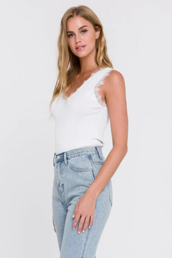 ENDLESS ROSE Tops*- Lace Trim Knit Top WHITE