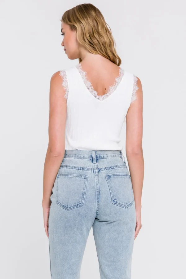 ENDLESS ROSE Tops*- Lace Trim Knit Top WHITE