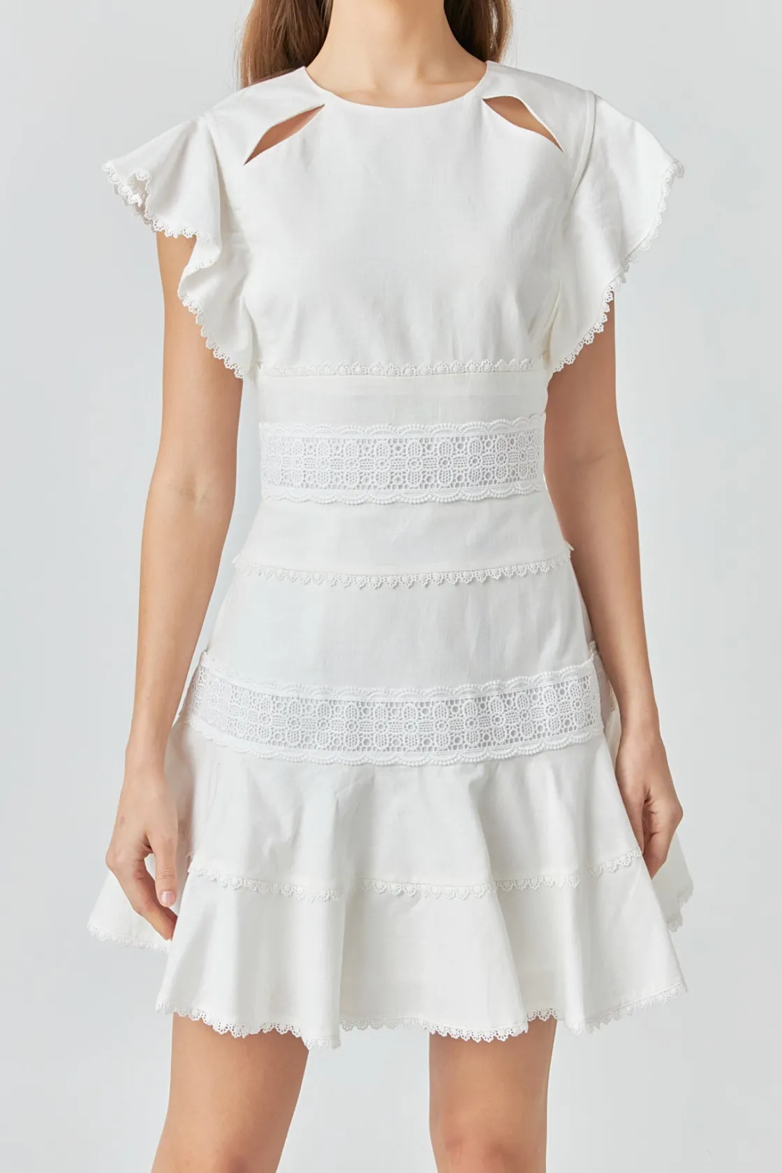 endless_rose__lace_trimme_0.webp ENDLESS ROSE Lace Dresses | White Dresses*- Lace Trimmed Ruffle Sleeve Dress with Cutout WHITE