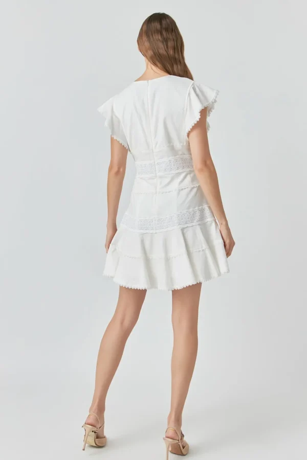 ENDLESS ROSE Lace Dresses | White Dresses*- Lace Trimmed Ruffle Sleeve Dress with Cutout WHITE